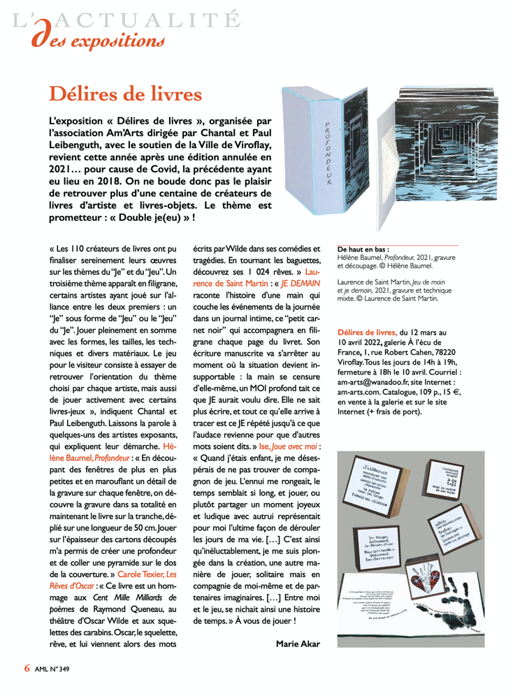 laurence de Saint Martin st artiste Art et M&eacute;tiers du Livre article presse livre sculpture