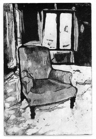 laurence de Saint Martin artiste affiche d&eacute;co peinture papier dessin po&eacute;sie encre fauteuil orange noir gravure