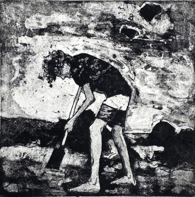 gravure noir et blanc plage famille estampe eau-forte aquatinte laurence de Saint Martin artiste yvelines