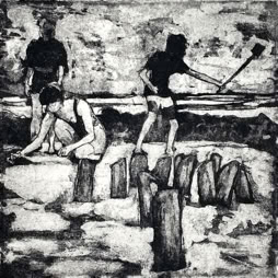gravure noir et blanc plage famille estampe eau-forte aquatinte laurence de Saint Martin artiste yvelines