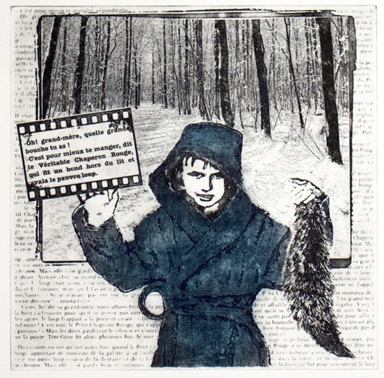 laurence de Saint Martin artiste papier dessin chaperon rouge v&eacute;ritable femmes violences f&eacute;ministe patriarcat eau-forte estampe couleur cuivre conte Grimm po&eacute;sie peinture d&eacute;co