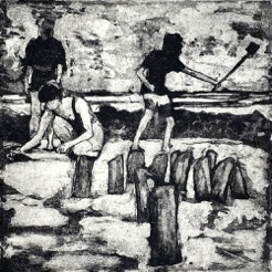 gravure noir et blanc plage famille estampe eau-forte aquatinte laurence de Saint Martin artiste yvelines estampes