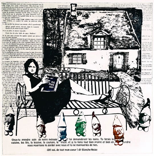 laurence de Saint Martin po&eacute;sie papier d&eacute;co dessin artiste conte Grimm blanche neige  femmes violences f&eacute;ministe patriarcat eau-forte estampe couleur cuivre plaque